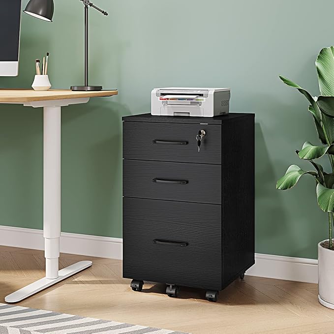 Panana 3 Drawer Wood Mobile File Cabinet Under Desk Storage Drawers Small File Cabinet for Home Office (Black)