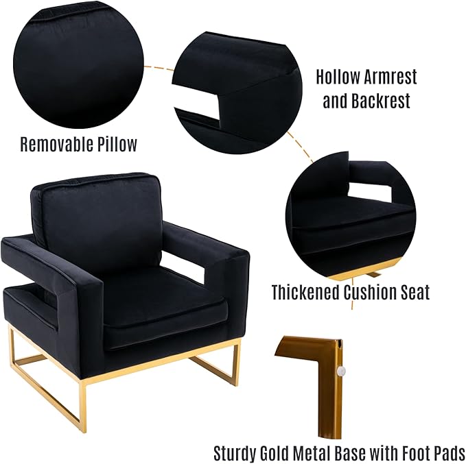 LukeAlon Elegant Velvet Accent Club Chair Upholstered Armchair with Gold Metal Legs Modern Single Sofa Chair Comfy Reading Chair with Open Back for Living Room Bedroom Black