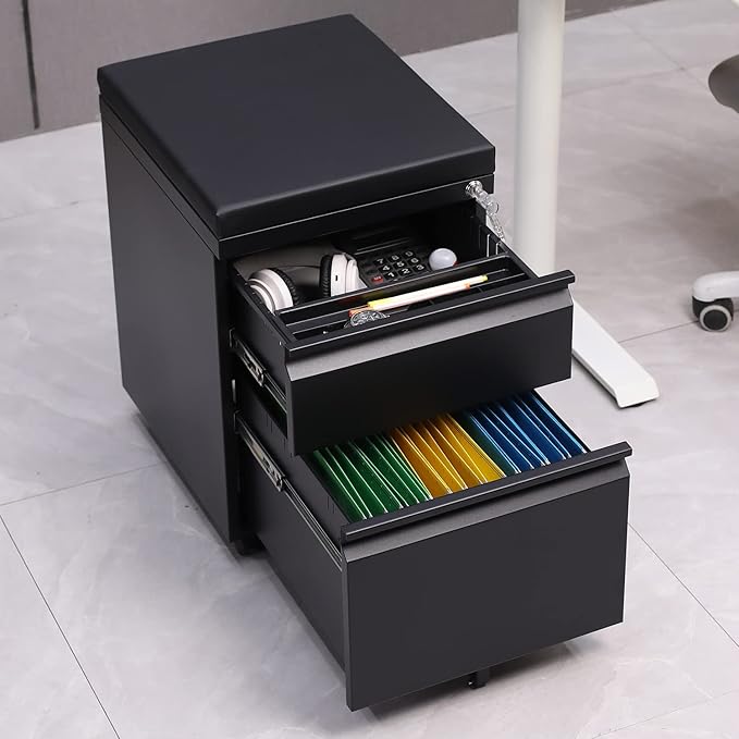 Mobile File Cabinet 2-Drawer Pedestal with Lock for Storage Use for Home Office and Business EnterpriseLegal/Letter Size Blackwith 5 Wheelswith Leather Cushion