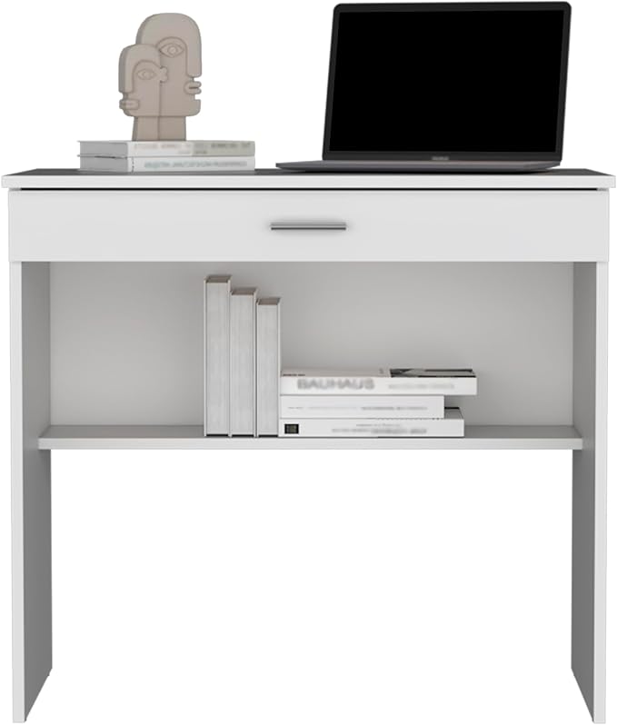 LIFE SKY White Writing Desk with Drawer: Modern Compact Design for Small Apartments - Wooden Study Table with Storage Shelf for Home Office &amp Creative Workspace