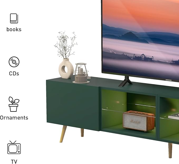 Bonzy Home 86 LED TV Stand Modern Entertainment Center up to 90 TV Television Console Table with Storage Cabinets for Living Room Dark Green