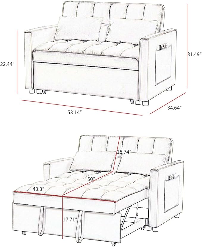 Sleeper Sofa Couch w/Pull Out Bed 53 Modern Velvet Convertible Sleeper Sofa Bed Small Love seat Sofa Bed with 2 Pillows &amp Side Pockets for Small Space Living Room Apartment Pink