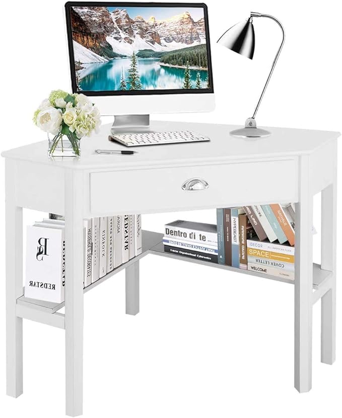 LDAILY White Corner Desk Triangle Makeup Vanity Desk for Small Space Compact Writing Desk with Storage Shelves &amp Drawer Space Saving Corner Computer Desk for Bedroom Home Office