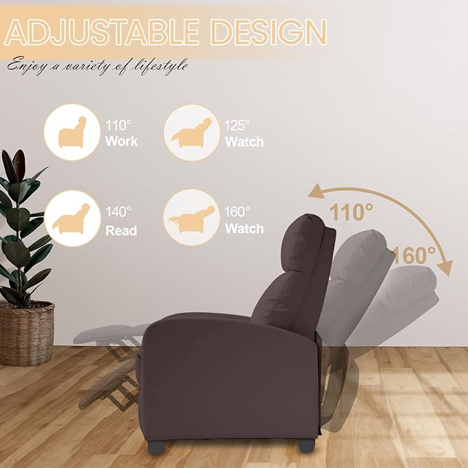 Recliner Chair Breathable Padded PU Leather Massage Single Sofa Recliners for Small Recliner Chair with Footrest Home Theater Seating for Bedroom Living RoomBrown