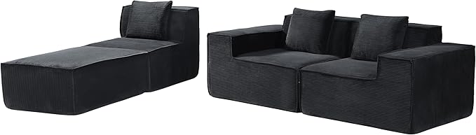 Rowan Convertible Corduroy Sectional Couch with Ottoman &amp Pillows Modular L Shaped Sleeper Sofa Boneless Cloud Couch for Living Room Furniture Black