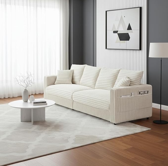 96.8'' Oversized Cloud Couch 4 Deep Seats Modular Sectional Sofa with Cup Holders &amp Storage Plush Corduroy Upholstered Memory Foam Couches for Living Room Apartment Office (Beige)
