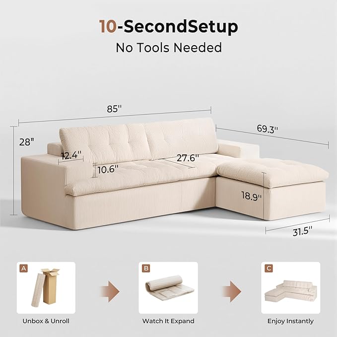 Cloud Sectional Boneless Sofa with Ottoman Modular L Shaped Couch with Layered Cushion Fluffy Comfy Couches for Living Room No Assembly Beige