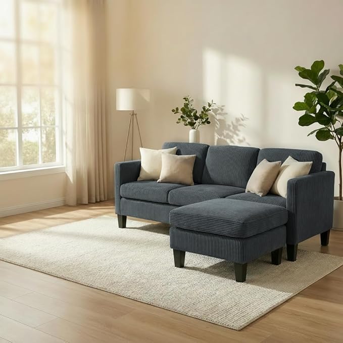 Modern L-Shaped Sofa with Corduroy Fabric 3-Seater Sectional Couch for Small Space Space-Saving Design Easy Assembly (Gray)