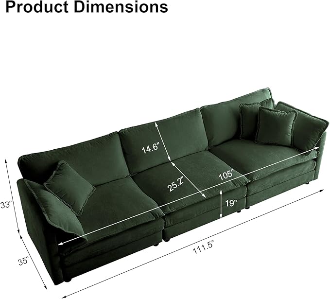 KIVENJAJA Chenille Modular Sectional Couch Modern 3 Seater Comfy Deep Seat Cloud Sofa with 5 Pillows for Living Room Bedroom Office Apartment 111.5”W Green