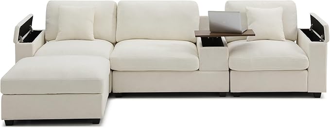 Oversized L-Shaped Modular Sectional Sofa with Storage Armrest Reversible Couch with Movable Ottoman USB Ports Cup Holders 360°Swivel Tray Comfy Cloud Cushions for Living Room or Apartment Beige