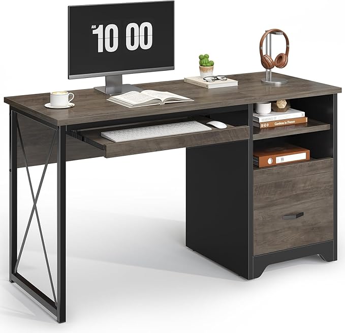 Bestier 47 Office Desk with Drawers Industrial Computer Desk with Drawer Reversible Teacher Desk with Storage &amp Keyboard Tray for Small Space Home Office &amp Studio Gray Wash