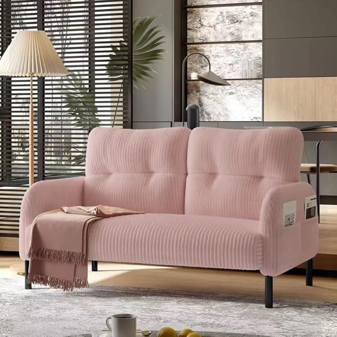 Corduroy Loveseat for Living Room &amp Bedroom - Modern 2-Seater Sofa with Storage PocketsSolid Wood Frame High-Density FoamComfortable Compact Couch for Small Spaces500 lb Capacity (Pink)