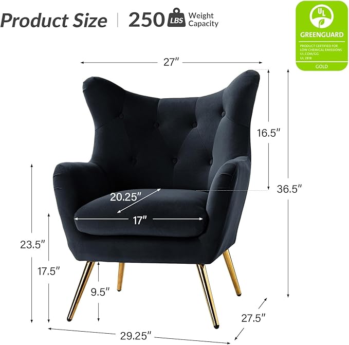 HULALA HOME Velvet Accent Chair Set of 2 Modern Wingback Arm Chair with Metal Gold Legs Velvet Tufted Upholstered for Living Room Bedroom(Black)