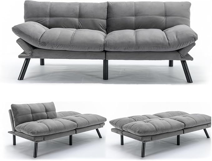Anwick Futon Sofa Bed Velvet Convertible Futon Sleeper Couch 71 Sleeper Sofa Bed with Adjustable Backrest Modern Loveseat Couch for Compact Living Room Apartment Office (Grey)