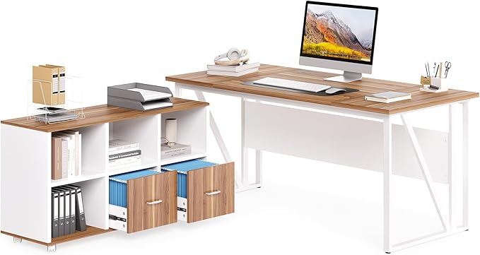 LITTLE TREE 63 Office Desk and 47 File Drawer Cabinet Large Computer Desk Study Writing Desk Workstation for Home Office
