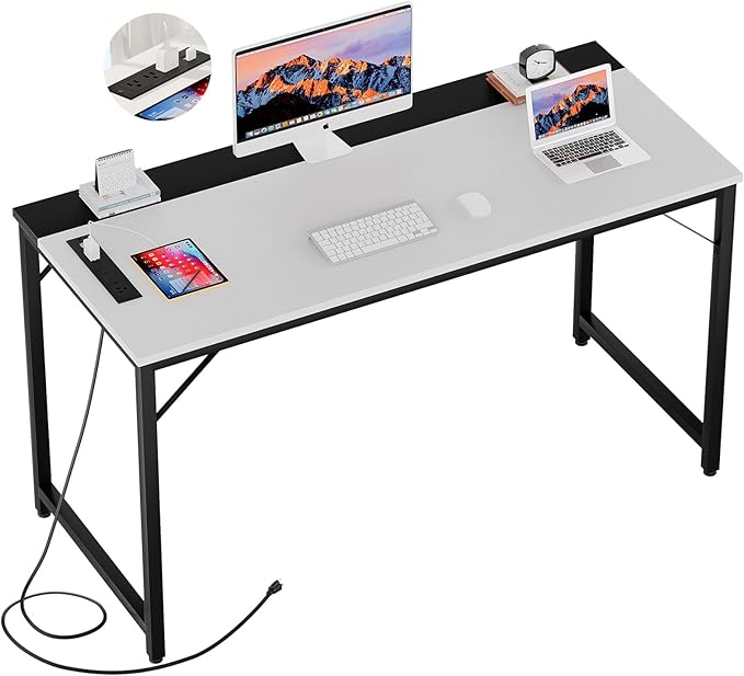 55 Inch Computer Desks with Power Outlets and USB Charging Ports Modern Office Desk for Small Spaces Sturdy Laptop PC Gaming Writing Table for Students White and Black