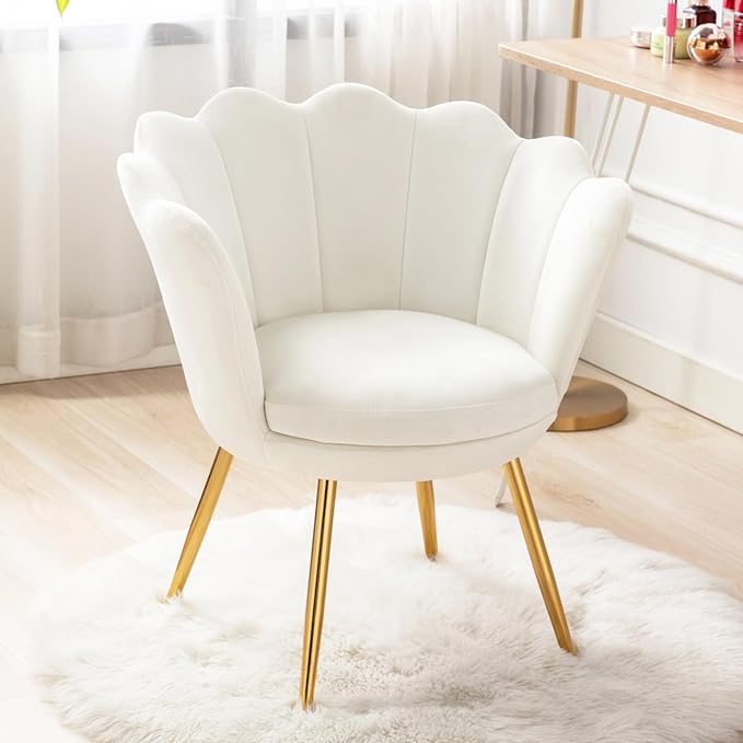chairus Cream White Makeup Vanity Chair with Back Small Modern Velvet Upholstered Accent Chair with Gold Metal Legs Cute Shell Shaped Vanity Stool Desk Chair for Living Room Bedroom Dressing Room
