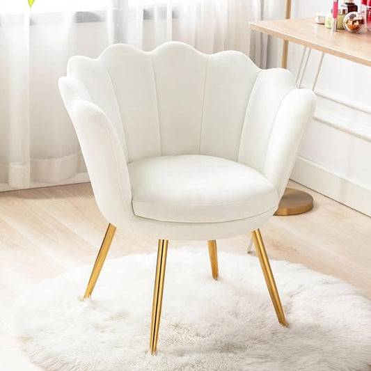chairus Cream White Makeup Vanity Chair with Back Small Modern Velvet Upholstered Accent Chair with Gold Metal Legs Cute Shell Shaped Vanity Stool Desk Chair for Living Room Bedroom Dressing Room