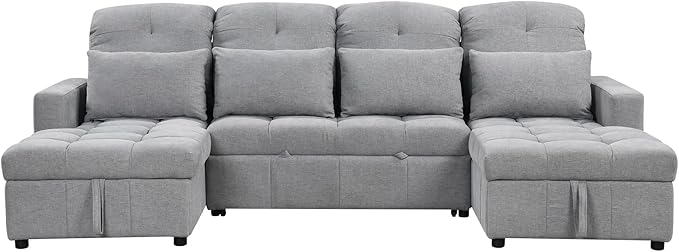 Harper &amp Bright Designs 110.2 Oversized U-Shaped Sofa Versatile Sectional Sofa Pull-Out Sofa Bed with Double Storage Chaise Lounges and Two USB Ports for Living RoomGray