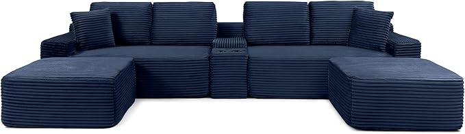 150 Cloud Couch Sectional Modular Sofa with Cup Holder 2 Ottoman and USB Ports Corduroy U Shaped Boneless Sofas Couch in a Box No Assembly Required Blue Couches for Living Room
