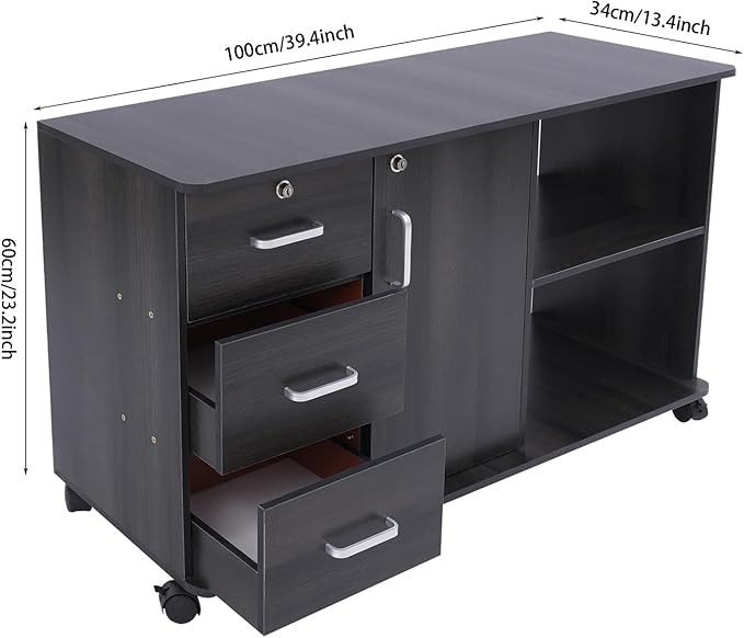 3 Drawer Mobile File Cabinet Locking File Cabinet with 5 Wheels Under Desk Storage Printer Stand File Cabinets for Home Office Black