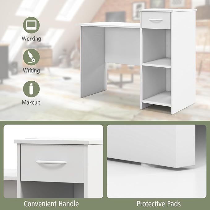 Tangkula White Desk with Storage Drawer &amp Shelves Modern Computer Desk with Adjustable Shelf &amp Cable Hole Compact Writing Study Desk Wooden Computer Workstation for Home Office White