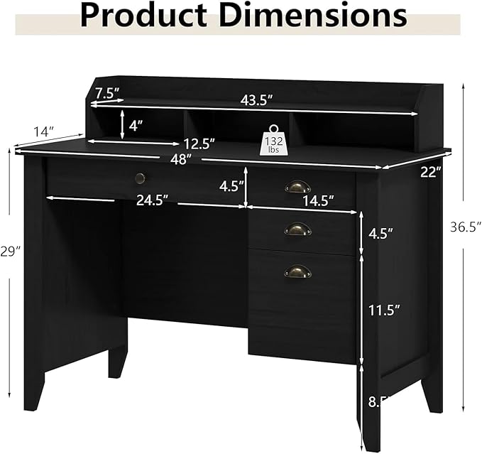 GOFLAME 48” Computer Desk with Hutch Vintage Home Office Desk with Storage Drawers &amp Shelves Space Saving Laptop PC Table Wooden Study Writing Workstation Black