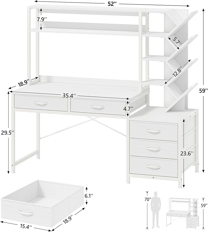 Reversible Computer Desk with Hutch Home Office Desk with 5 Drawers and Bookshelf 52'' Study Writing Desk with Storage Shelves for Bedroom Home Office White