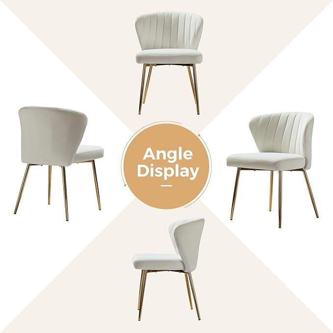 HULALA HOME Velvet Dining Chair Modern Small Vanity Chair with Back Metal Legs Elegant Tufted Armless Accent Chair Living Room Bedroom Beauty Room-Ivory