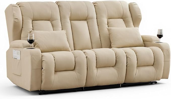 Loveseat Recliner Sofa with Flip Middle Seat3 Seater Reclining Couch Wall Hugger Recliners for Small SpacesFabric Manual 3 Seater Sofa Recliner with Cup Holders/Lumbar PillowsRV FurnitureBeige