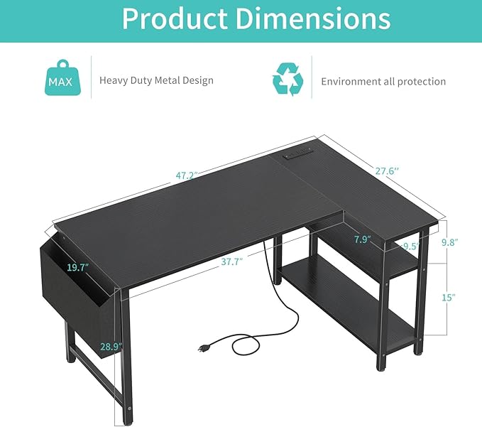 Lufeiya L Shaped Computer Desk with Power Outlet Shelves 47 Inch Corner Desk for Home Office Bedroom L-Shaped Study Writing Working PC Desks Black