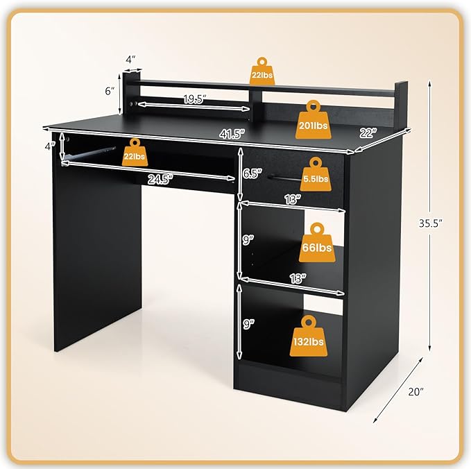 GOFLAME Computer Desk Home Office Desk with Large Drawers Hutch Keyboard Tray 5-Position Adjustable Open Shelves Easy Assembly Writing Desk for Bedroom Small Space Living Room Black