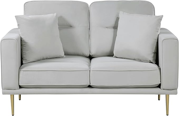 Lexicon Velvet Sofa Love Seat Modern Couches Metal Seat Base Metal Legs with Gold-Tone Finish 58 inch Loveseat Sofa with 2 Throw Pillows 2 Seater Couches for Living Room Bedroom Apartment Grey