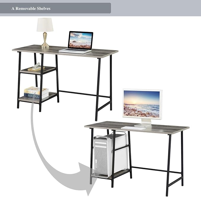 Pemberly Row Trestle Desk 47 in x 20 in x 29.25 in Weathered Gray Particle Board Wood Black Powder Coated Metal Frame Removable Shelves Home Office Workstation Modern Style