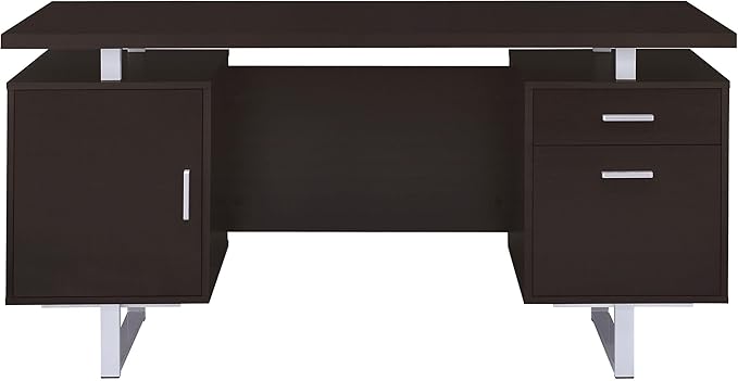 Pemberly Row 2-Drawer Wood Office Desk 60 in W x 30 in H Cappuccino and Silver Finish Metal Base Storage Drawer and Cabinet Contemporary Home Office Desk for Organization and Workspaces