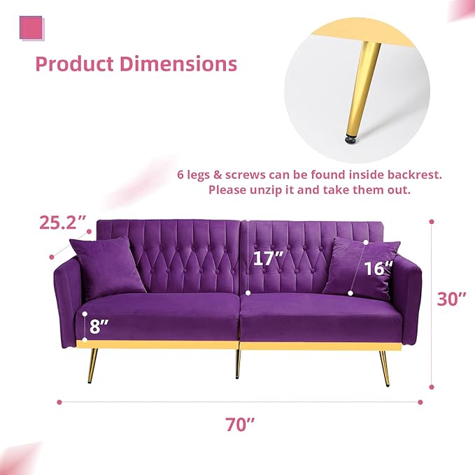 2 Pieces Velvet Sofa Set with Adjustable Armrest and Backrest 70” Convertible Futon Sofa Bed &amp Mordern Accent Chair with Ottoman for Living Room Bedroom Purpel