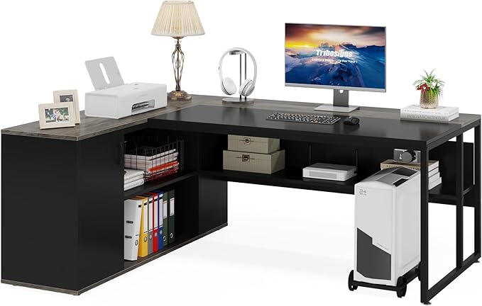 LITTLE TREE Large Executive Desk with File Cabinet 71 inch L Shaped Computer Desk Office Desk with Drawers and Storage Shelves Business Furniture Desk Workstation for Home Office Grey