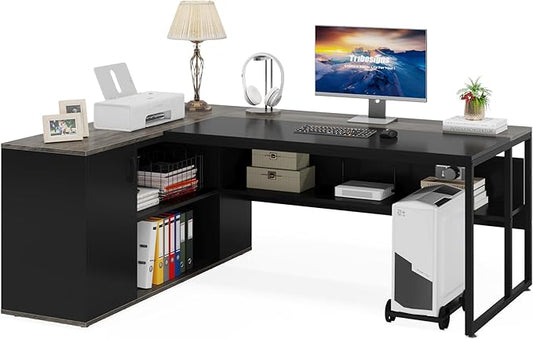 LITTLE TREE Large Executive Desk with File Cabinet 71 inch L Shaped Computer Desk Office Desk with Drawers and Storage Shelves Business Furniture Desk Workstation for Home Office Grey