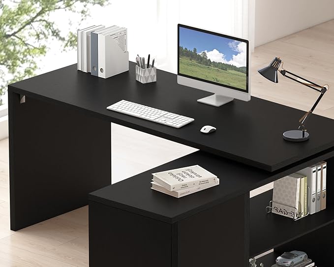 HSH Black L Shaped Computer Desk Corner Desk with Storage Cabinet Shelves Reversible Industrial Wood Executive Workstation L-Shaped Home Office Table for Work Study Writing Gaming 55 Inch