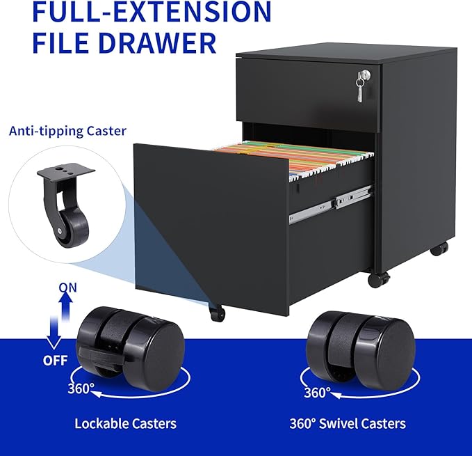 2 Drawer Mobile File Cabinet with Lock Steel File Cabinet for Legal/Letter/A4/F4 Size Steel Black Rolling Storage Cabinet Home Office Durable