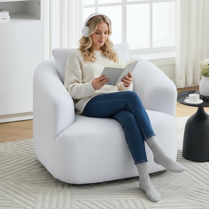 PELUMY Swivel Accent Chair Modern Round Barrel Chair Soft Teddy Fleece Fabric Swivel Chair for Living Room 360 Rotating Small Space Comfort Reading Chair No Tools Assembly (White)