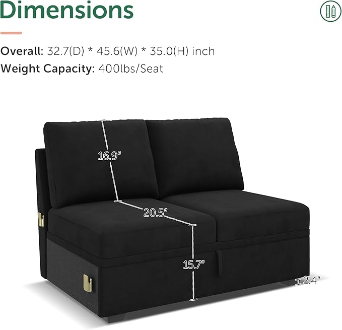 HONBAY Storage Loveseat for Modular Sleeper Sofa with Pull Out Bed Double Seat with Storage for Couch Bed Velvet Black