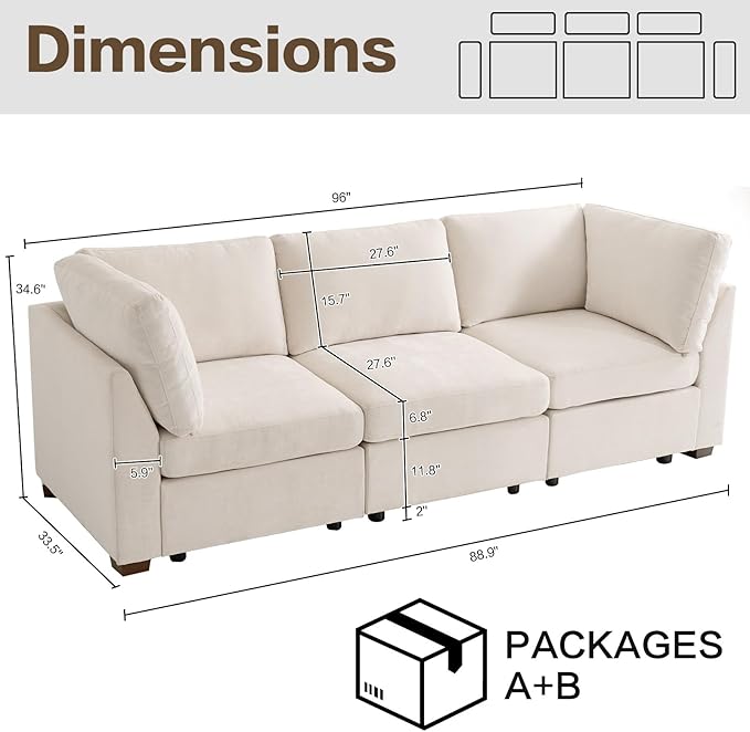 Oversized Modular Sectional Fabric Sofa Set Large L Shaped Mordern Sofa Couch Reversible Chaise Modular Sectional Couches 96 inch Width3 Seat Modular Sofas BeigeLinen
