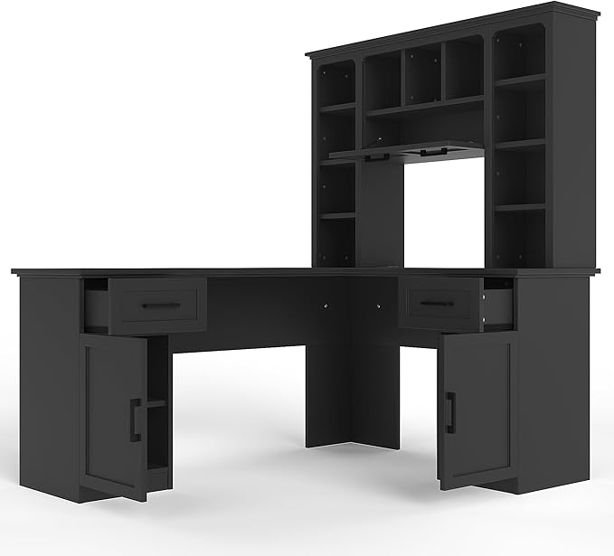 Bellemave L-Shaped Computer Desk with Drawers Hutch and Bookshelf Home Office Desk Corner Gaming Computer Desk with Power Outlet Study Table Writing Desk Black