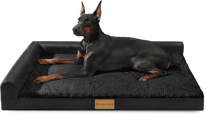 Patas Lague Orthopedic Dog Bed Large Sized Dog 36''X24'' Waterproof L Bolster Medium Pet Sofa Beds with Removable Washable Cover Soft Comfortable Pet Couch Crate Mat with Nonskid Bottom Black