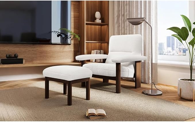 Modern Accent Chair with Ottoman Mid Century Lounge Chair with footrest Comfy Fabric Armchair Upholstered Set with Solid Wood Frame for Living Room