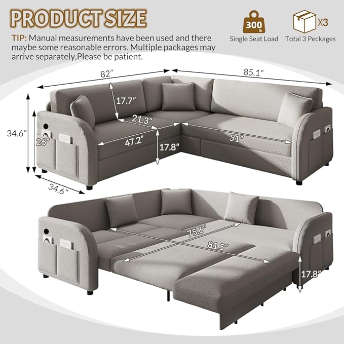 85'' L-Shaped Sectional Sleeper Sofa Bed 5-Seater Pull-Out Couch Bed with Comfy Teddy Fabric USB Ports Modular 3-in-1 Convertible Sleeper Couch for Living Room Apartment Light Grey | Teddy Uphols