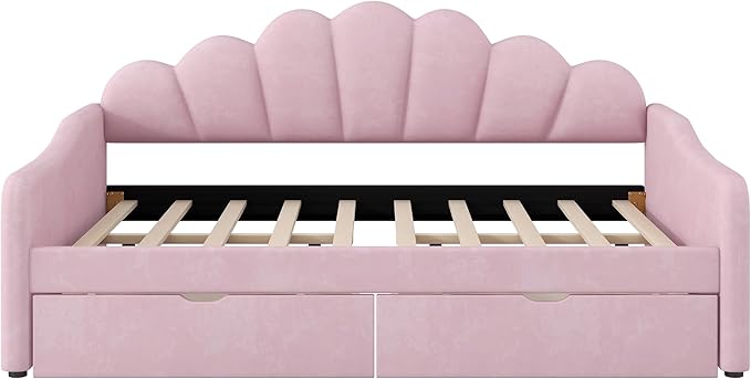 Bellemave Full Size Upholstered Daybed Frame with Shall Shaped Backrest &amp 2 Drawers Velvet Fabric Sturdy Pine Wood Legs for Bedroom/Guest Room Pink