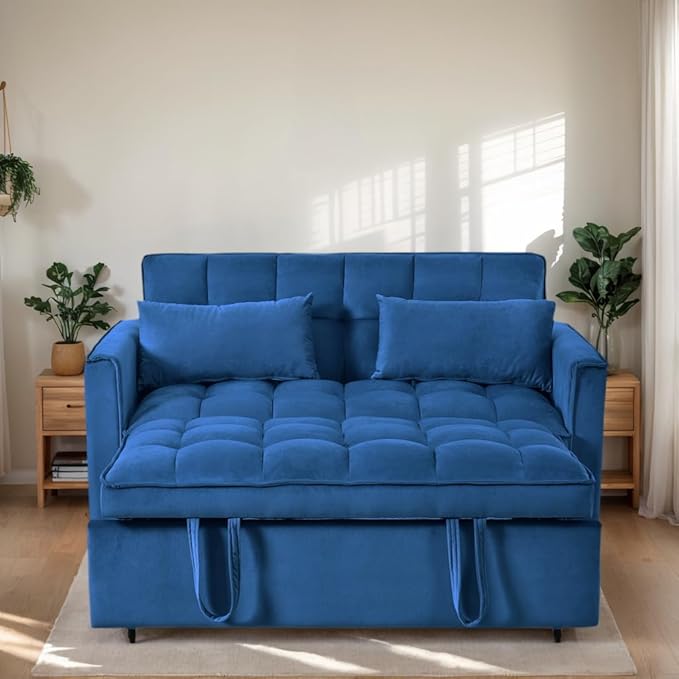 Modern Velvet Sofa Bed with 3-Level Adjustable Backrest &amp Included Pillows Pull Out Convertible Sleeper Chair with High Density Foam for Small Spaces (Blue)