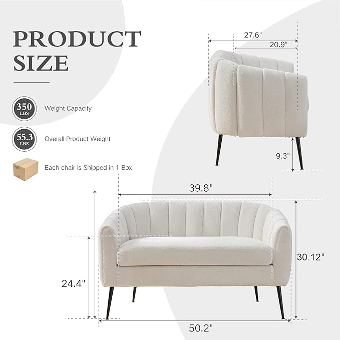 Chifee &amp Vingol White Loveseat Sofa 50.2 Wide Upholstered Loveseat Accent Couch with Metal Legs Modern 2-Seater Sofa for Living Rooms Bedroom Apartment OfficeIvory